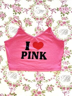 🍒 Y2K Barbiecore I ❤️ Pink Graphic Crop Cami Elastic Strappy Tank Top Sz S/M